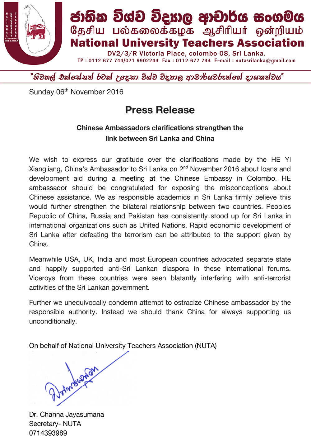 Microsoft Word - NUTA press release 2016.11.06.docx