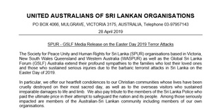 SPUR – GSLF Media Release on the Easter Day 2019 Terror Attacks